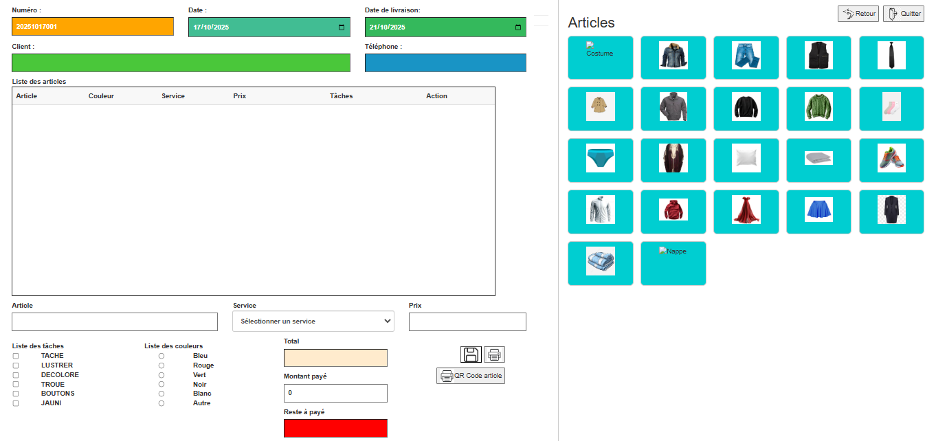 pressing, lavage, teinture, repassage, logiciel, impression, qr code
